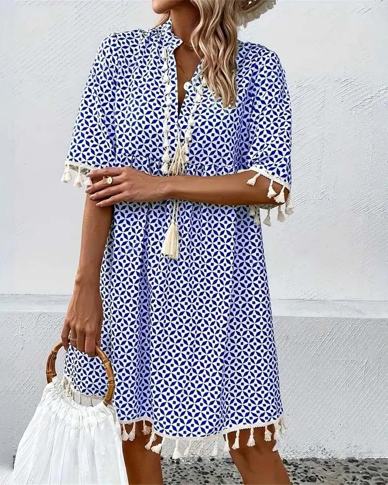 Damska sukienka mini z geometrycznym wzorem i chwostami-Mini Dress-Olave