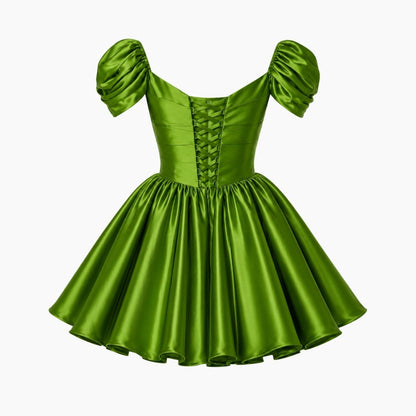 Damska sukienka mini z satyny z odkrytymi ramionami-Mini Dress-Olave