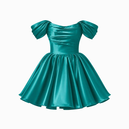 Damska sukienka mini z satyny z odkrytymi ramionami-Mini Dress-Olave