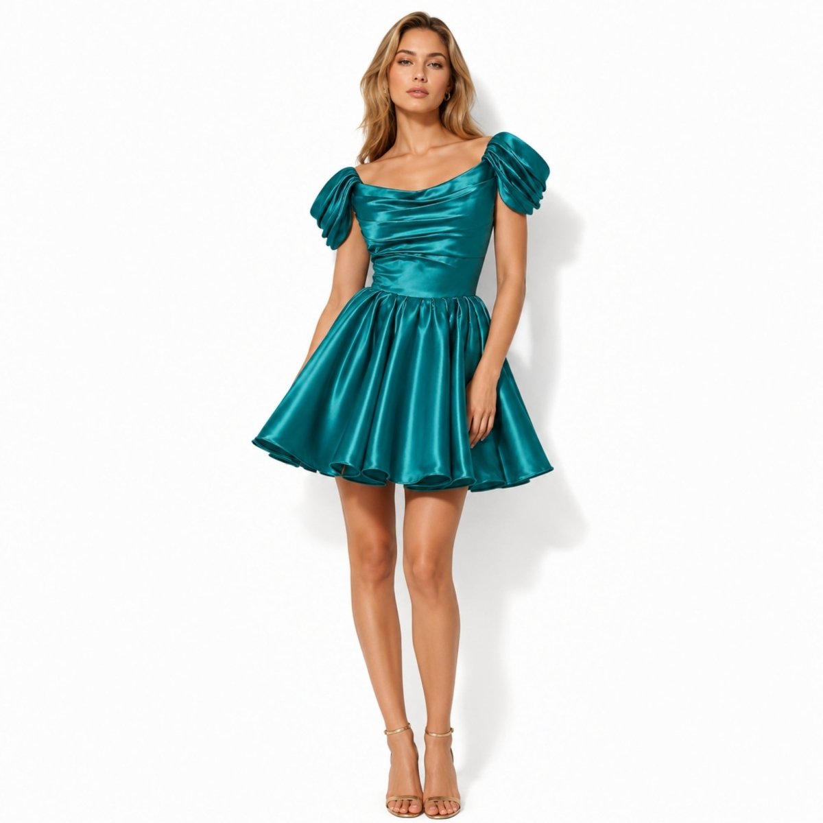 Damska sukienka mini z satyny z odkrytymi ramionami-Mini Dress-Olave