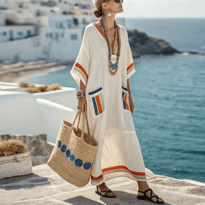 Damska sukienka typu kaftan maxi z naszywanymi kieszeniami-Maxi Dress-Olave