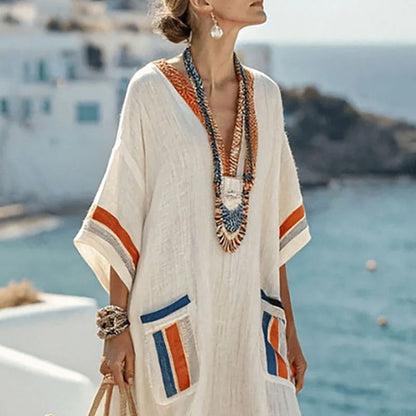 Damska sukienka typu kaftan maxi z naszywanymi kieszeniami-Maxi Dress-Olave