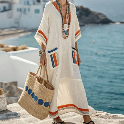 Damska sukienka typu kaftan maxi z naszywanymi kieszeniami-Maxi Dress-Olave