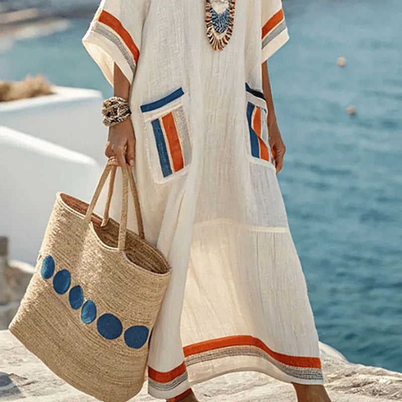 Damska sukienka typu kaftan maxi z naszywanymi kieszeniami-Maxi Dress-Olave