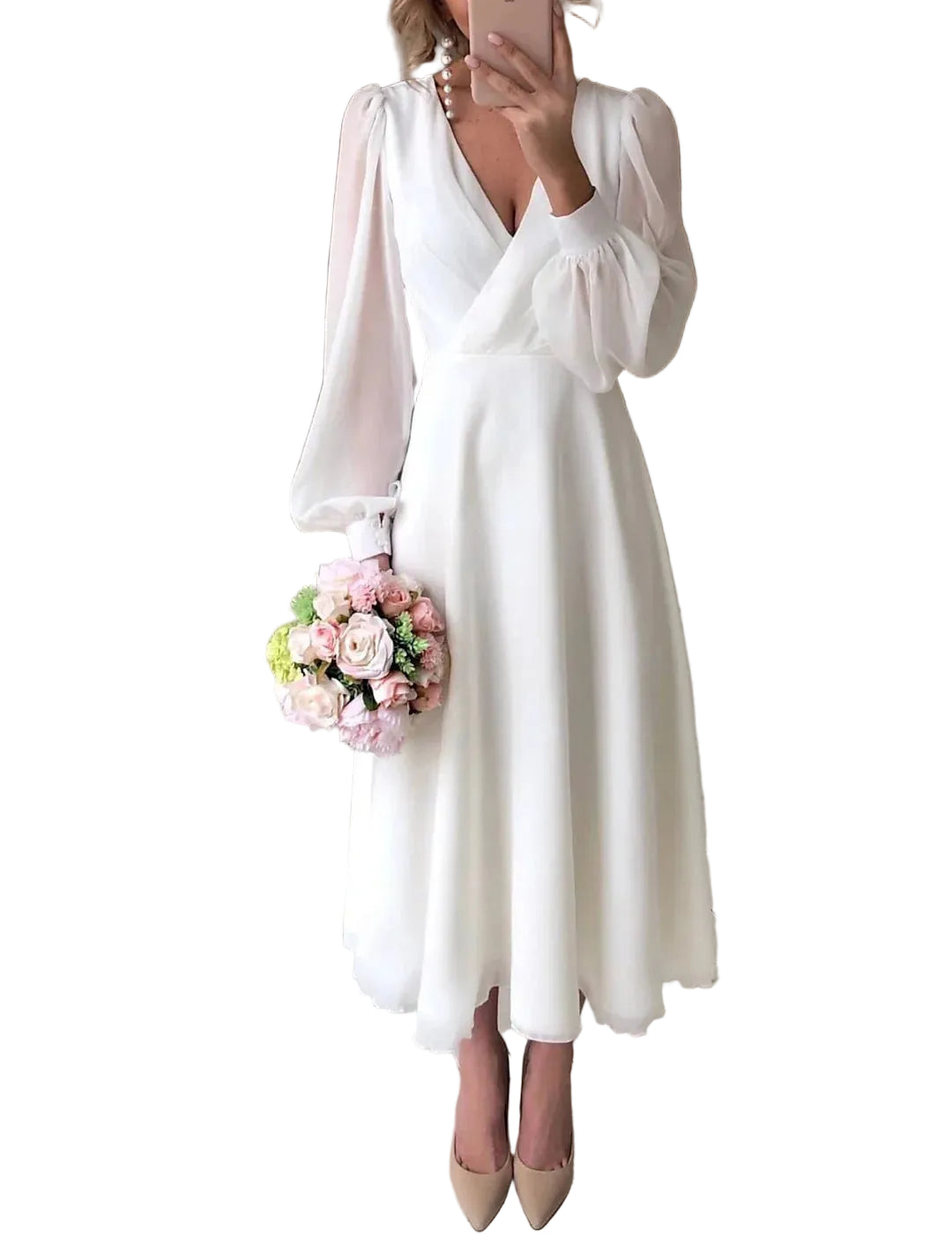 Damska sukienka z długim rękawem, kopertowym dekoltem i dekoltem w szpic-Olave