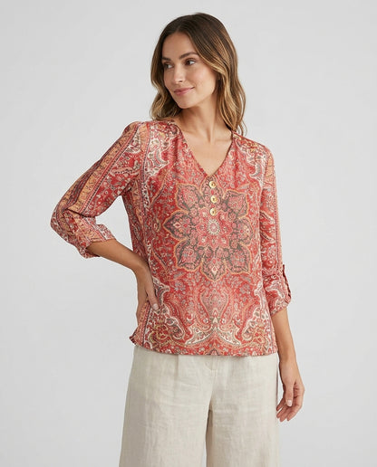 Damska wzorzysta bluzka z dekoltem w serek i zapięciem na guziki-Blouses for women-Olave