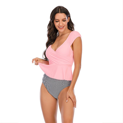 Damski dwuczęściowy strój kąpielowy z baskinką i wzorem w gwiazdki-Swimwear for Women-Olave