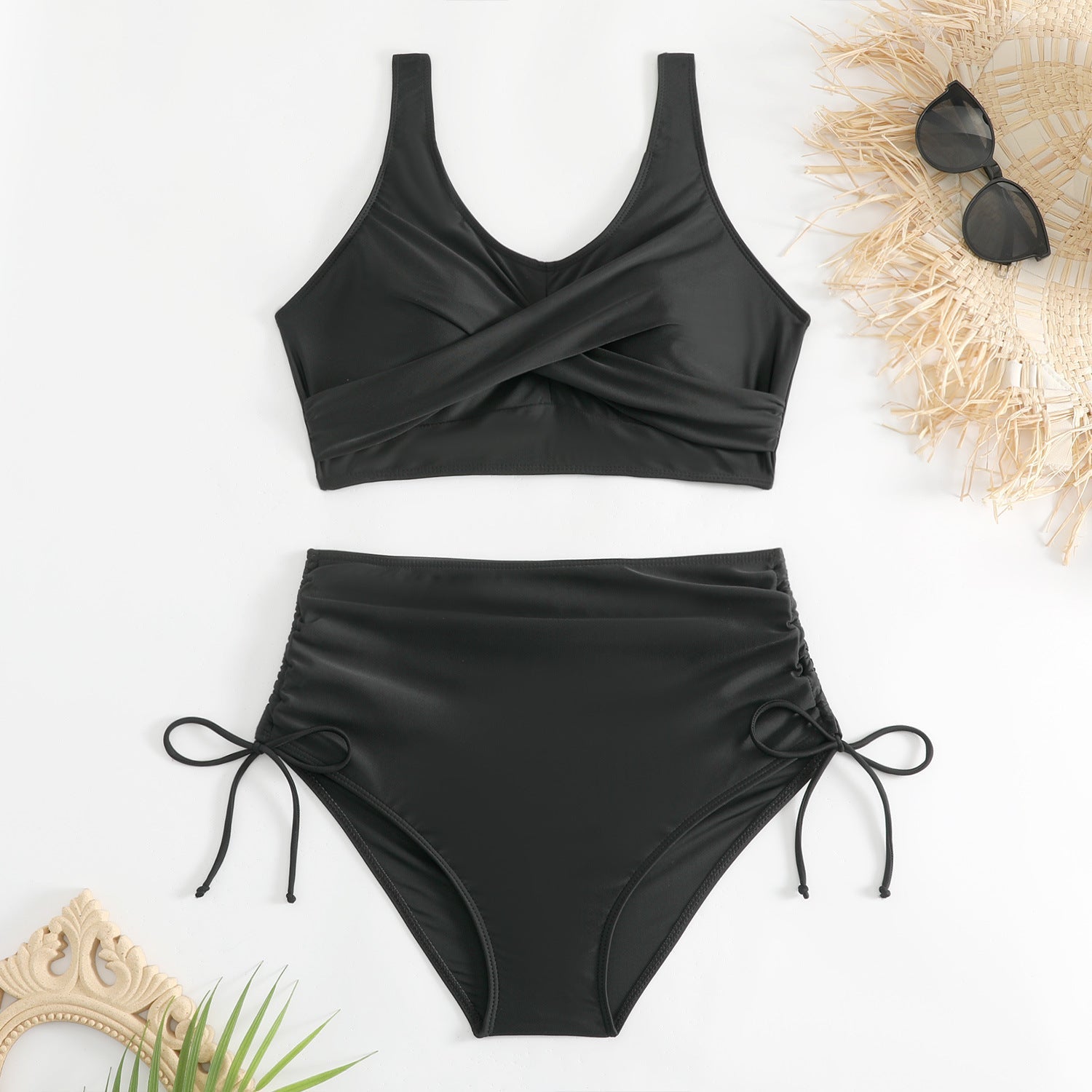 Damski dwuczęściowy strój kąpielowy z wysokim stanem i wiązaniami po bokach-Swimwear for Women-Olave