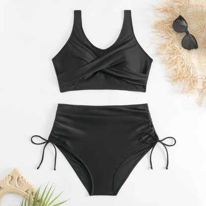 Damski dwuczęściowy strój kąpielowy z wysokim stanem i wiązaniami po bokach-Swimwear for Women-Olave