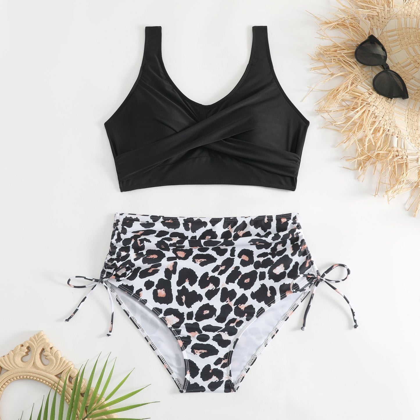 Damski dwuczęściowy strój kąpielowy z wysokim stanem i wiązaniami po bokach-Swimwear for Women-Olave