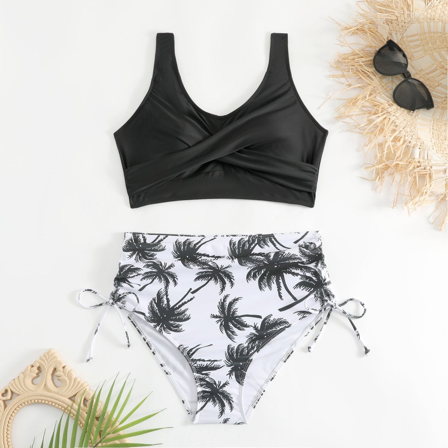 Damski dwuczęściowy strój kąpielowy z wysokim stanem i wiązaniami po bokach-Swimwear for Women-Olave