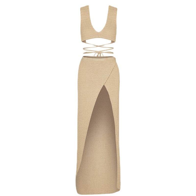Damski dzianinowy komplet: krótki top i spódnica maxi-Sets for women-Olave