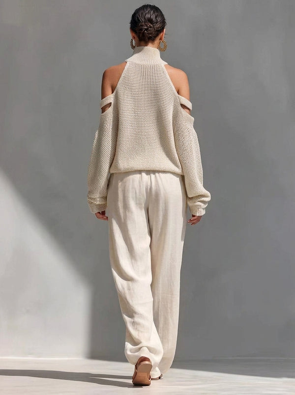 Damski dzianinowy komplet: sweter z odkrytymi ramionami i spodnie z szerokimi nogawkami-Sets for women-Olave