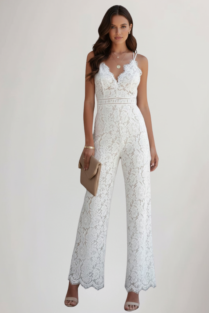 Damski kombinezon bez rękawów z koronkowym dekoltem w serek i szerokimi nogawkami-Jumpsuits for women-Olave