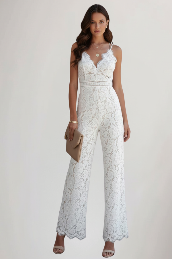Damski kombinezon bez rękawów z koronkowym dekoltem w serek i szerokimi nogawkami-Jumpsuits for women-Olave