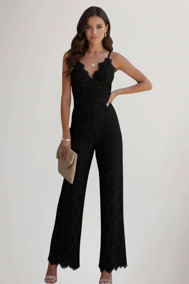 Damski kombinezon bez rękawów z koronkowym dekoltem w serek i szerokimi nogawkami-Jumpsuits for women-Olave
