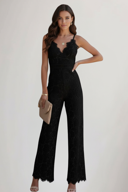 Damski kombinezon bez rękawów z koronkowym dekoltem w serek i szerokimi nogawkami-Jumpsuits for women-Olave