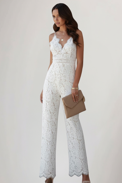 Damski kombinezon bez rękawów z koronkowym dekoltem w serek i szerokimi nogawkami-Jumpsuits for women-Olave