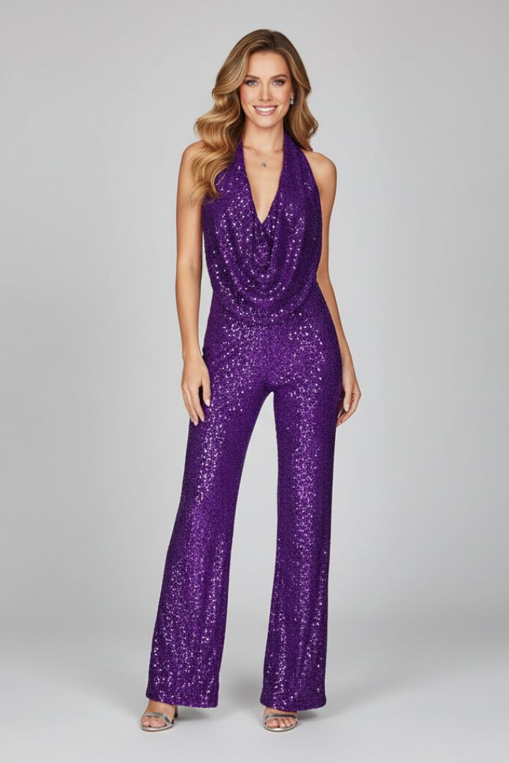 Damski kombinezon z cekinami, dekoltem typu woda i szerokimi nogawkami-Jumpsuits for woman-Olave