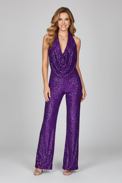 Damski kombinezon z cekinami, dekoltem typu woda i szerokimi nogawkami-Jumpsuits for woman-Olave
