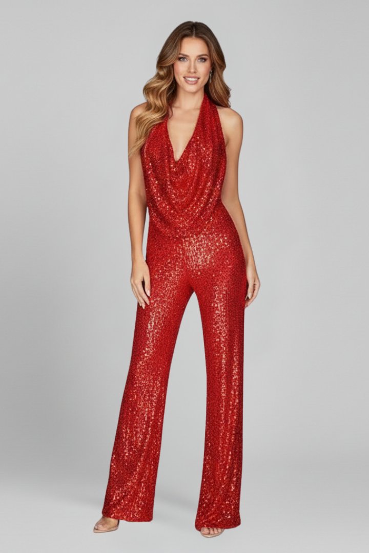 Damski kombinezon z cekinami, dekoltem typu woda i szerokimi nogawkami-Jumpsuits for woman-Olave