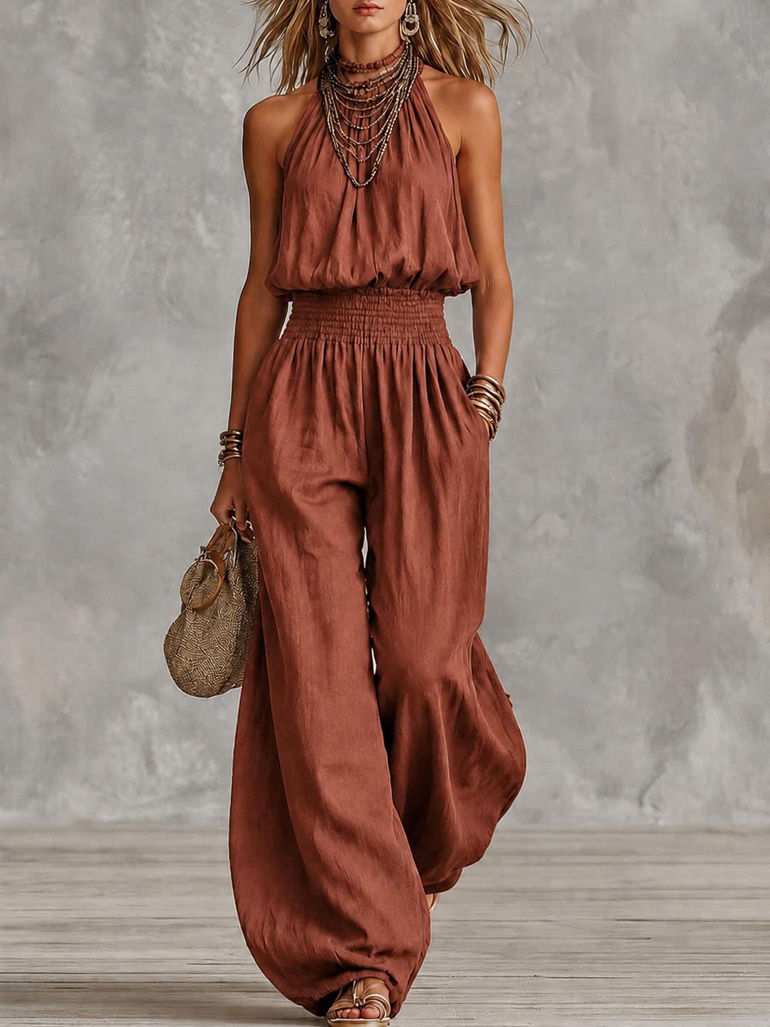Damski kombinezon z dekoltem typu halter i marszczoną talią-Jumpsuits for woman-Olave