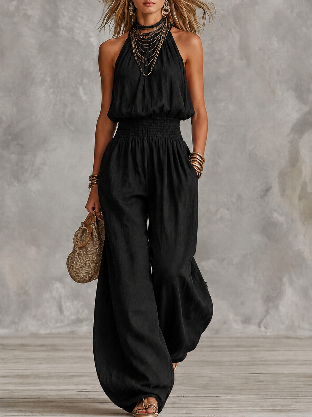 Damski kombinezon z dekoltem typu halter i marszczoną talią-Jumpsuits for woman-Olave