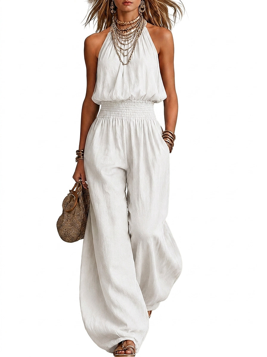 Damski kombinezon z dekoltem typu halter i marszczoną talią-Jumpsuits for woman-Olave