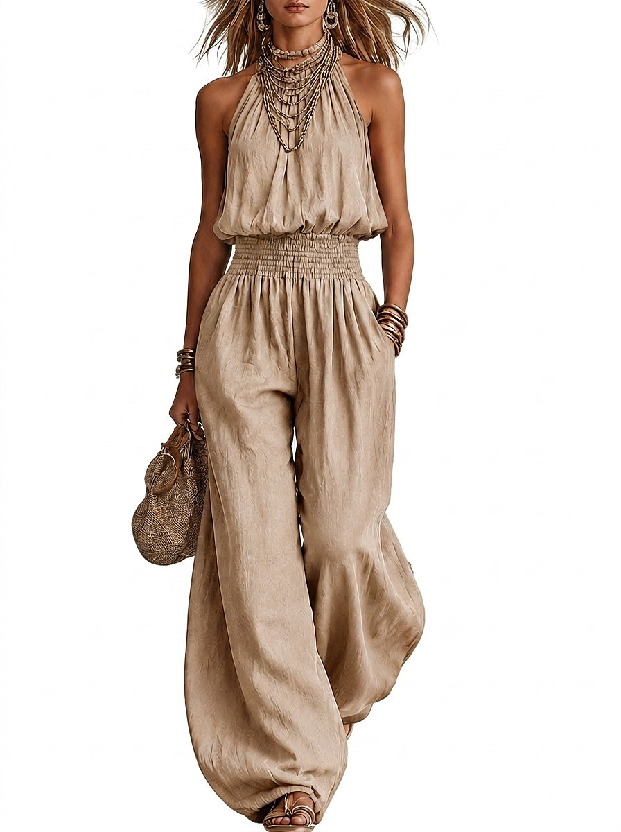 Damski kombinezon z dekoltem typu halter i marszczoną talią-Jumpsuits for woman-Olave
