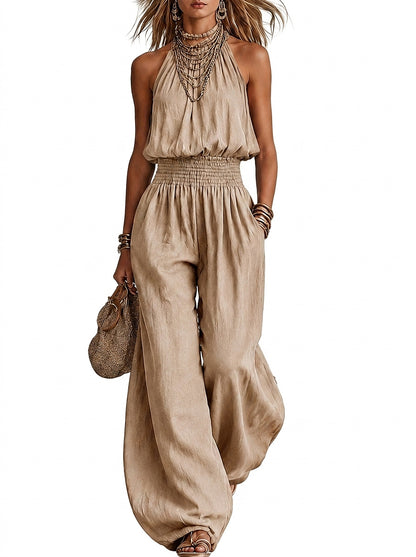 Damski kombinezon z dekoltem typu halter i marszczoną talią-Jumpsuits for woman-Olave