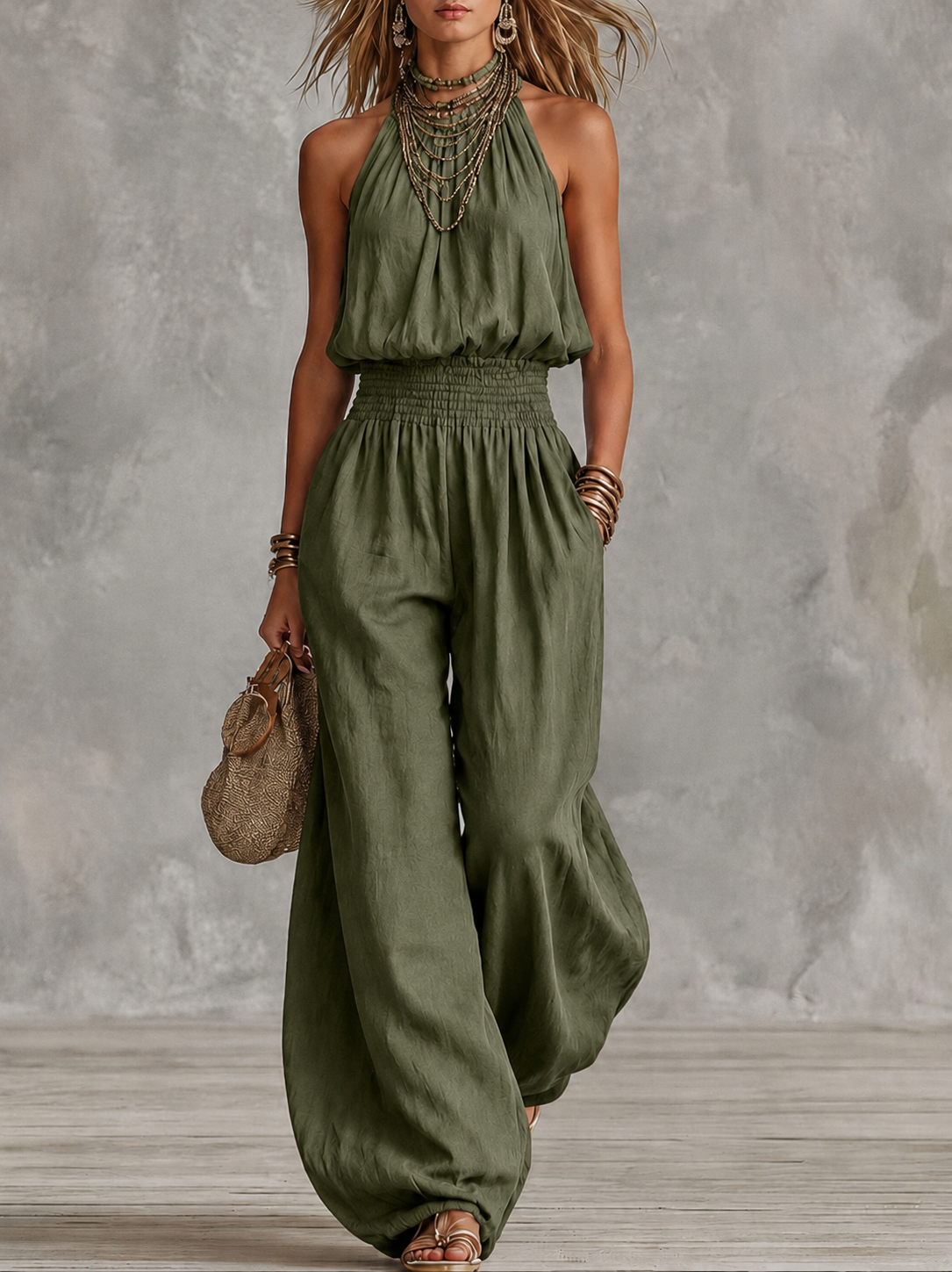 Damski kombinezon z dekoltem typu halter i marszczoną talią-Jumpsuits for woman-Olave
