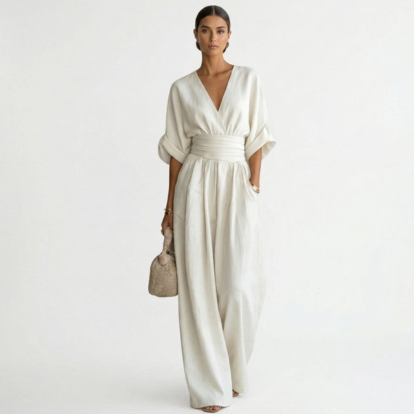 Damski kombinezon z dekoltem w serek i szerokimi nogawkami oraz paskiem w talii-Jumpsuits for women-Olave