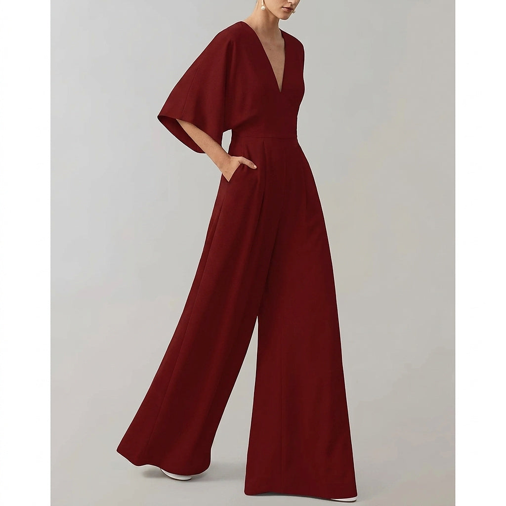 Damski kombinezon z szerokimi nogawkami i dekoltem w serek-Jumpsuits for women-Olave
