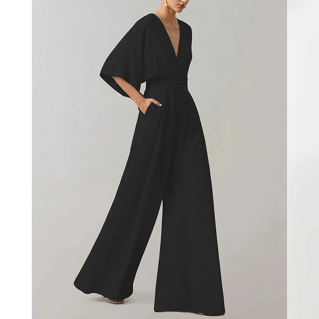 Damski kombinezon z szerokimi nogawkami i dekoltem w serek-Jumpsuits for women-Olave