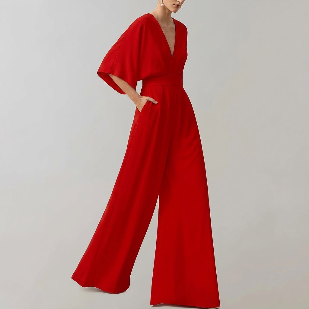 Damski kombinezon z szerokimi nogawkami i dekoltem w serek-Jumpsuits for women-Olave