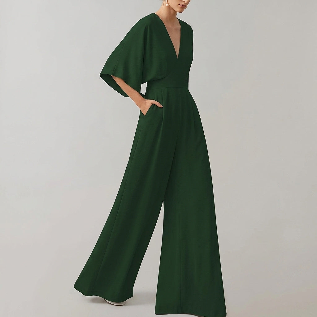 Damski kombinezon z szerokimi nogawkami i dekoltem w serek-Jumpsuits for women-Olave