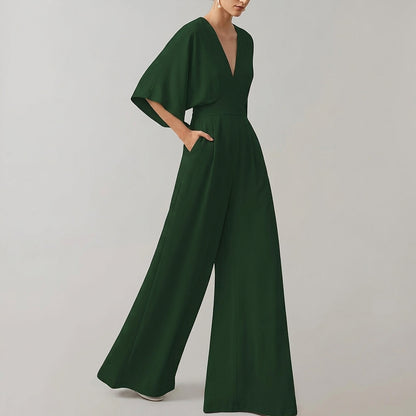 Damski kombinezon z szerokimi nogawkami i dekoltem w serek-Jumpsuits for women-Olave
