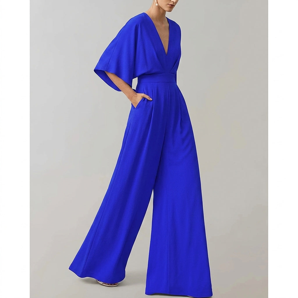 Damski kombinezon z szerokimi nogawkami i dekoltem w serek-Jumpsuits for women-Olave