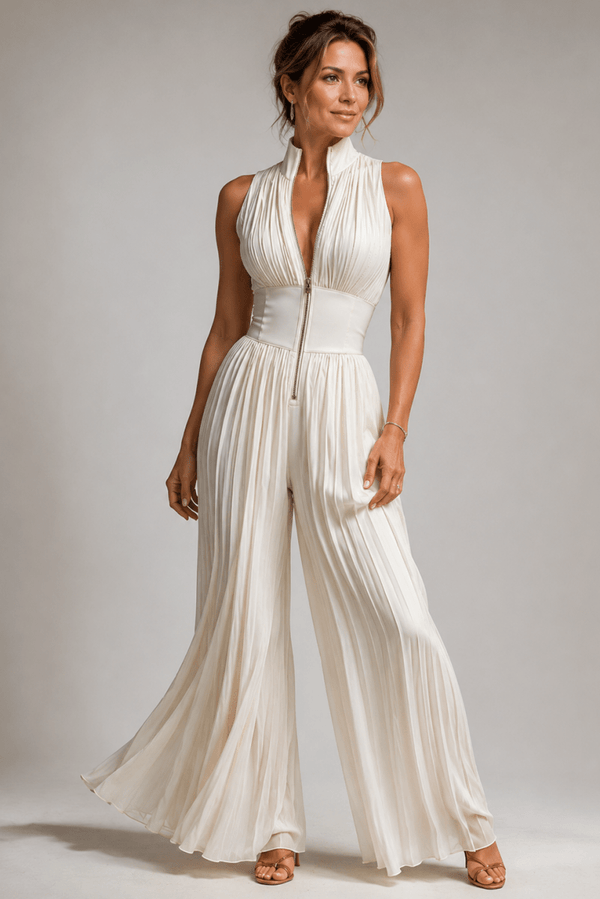 Damski kombinezon z szerokimi nogawkami, plisowany, w kwiatowy wzór-Jumpsuits for women-Olave
