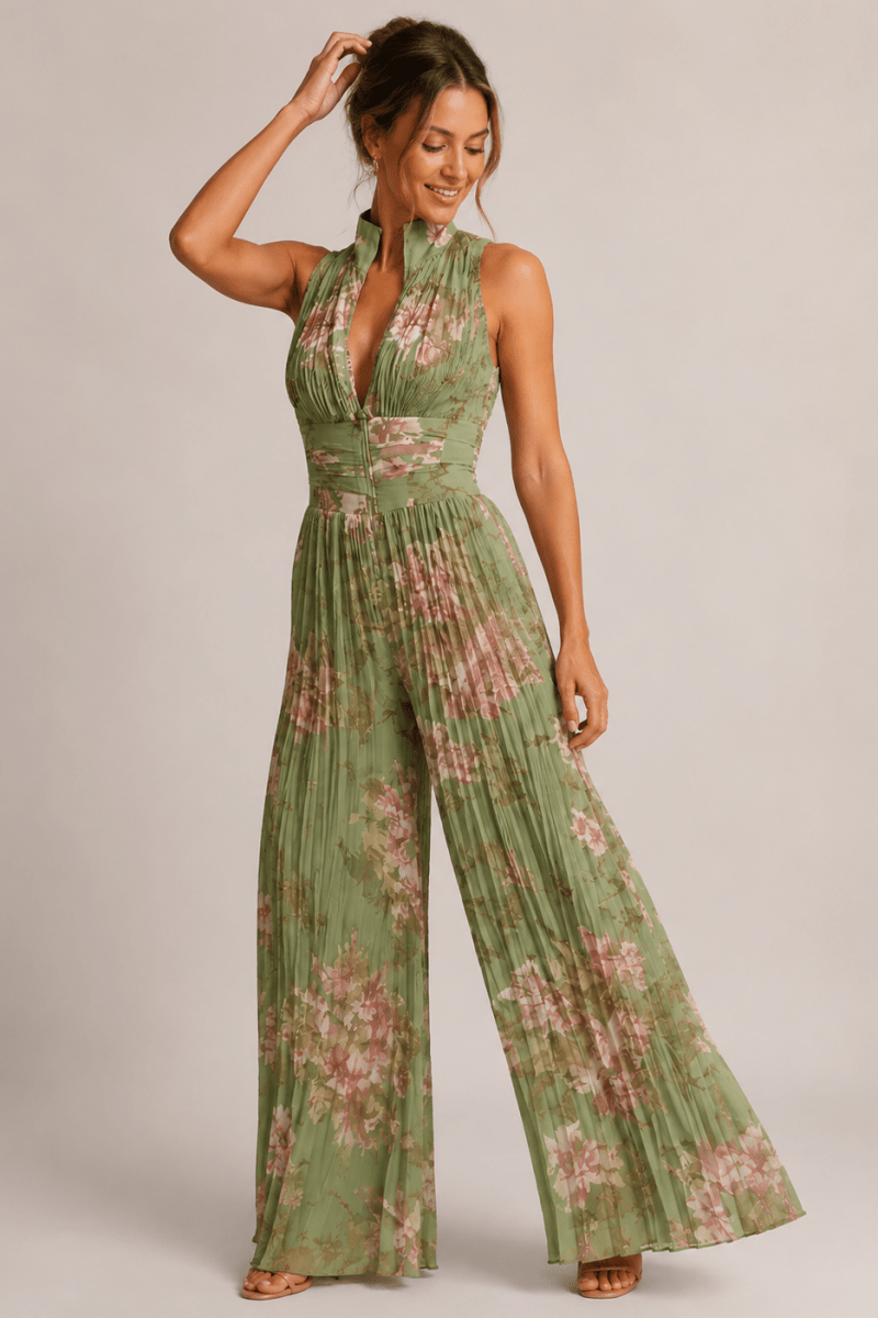 Damski kombinezon z szerokimi nogawkami, plisowany, w kwiatowy wzór-Jumpsuits for women-Olave
