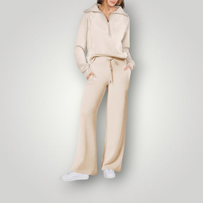 Damski komplet: bluza z zamkiem pod szyją i spodnie z szerokimi nogawkami-Sets for women-Olave