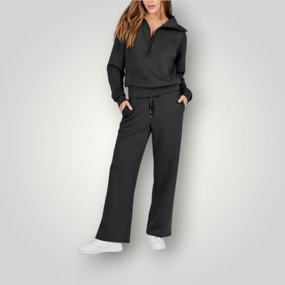 Damski komplet: bluza z zamkiem pod szyją i spodnie z szerokimi nogawkami-Sets for women-Olave