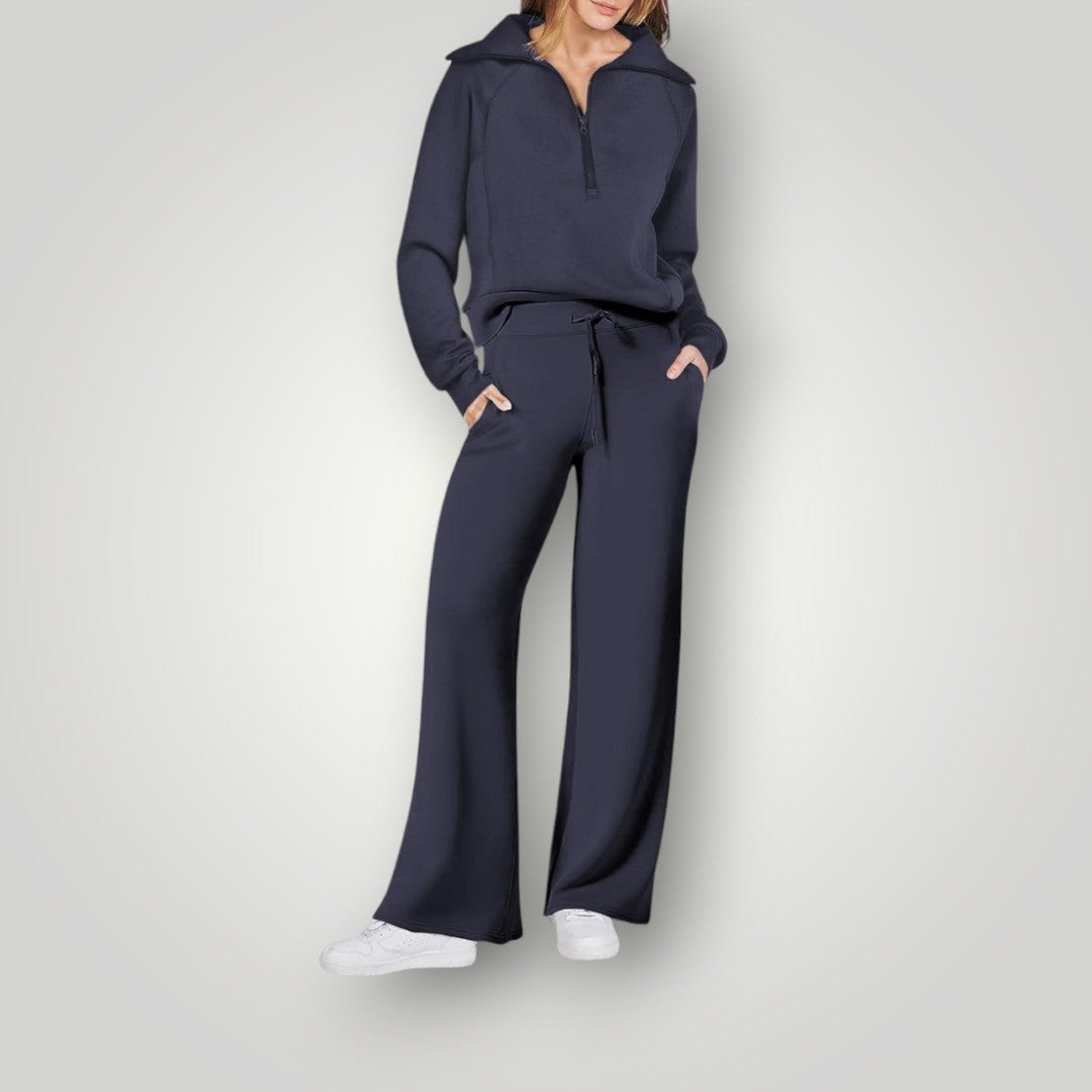 Damski komplet: bluza z zamkiem pod szyją i spodnie z szerokimi nogawkami-Sets for women-Olave