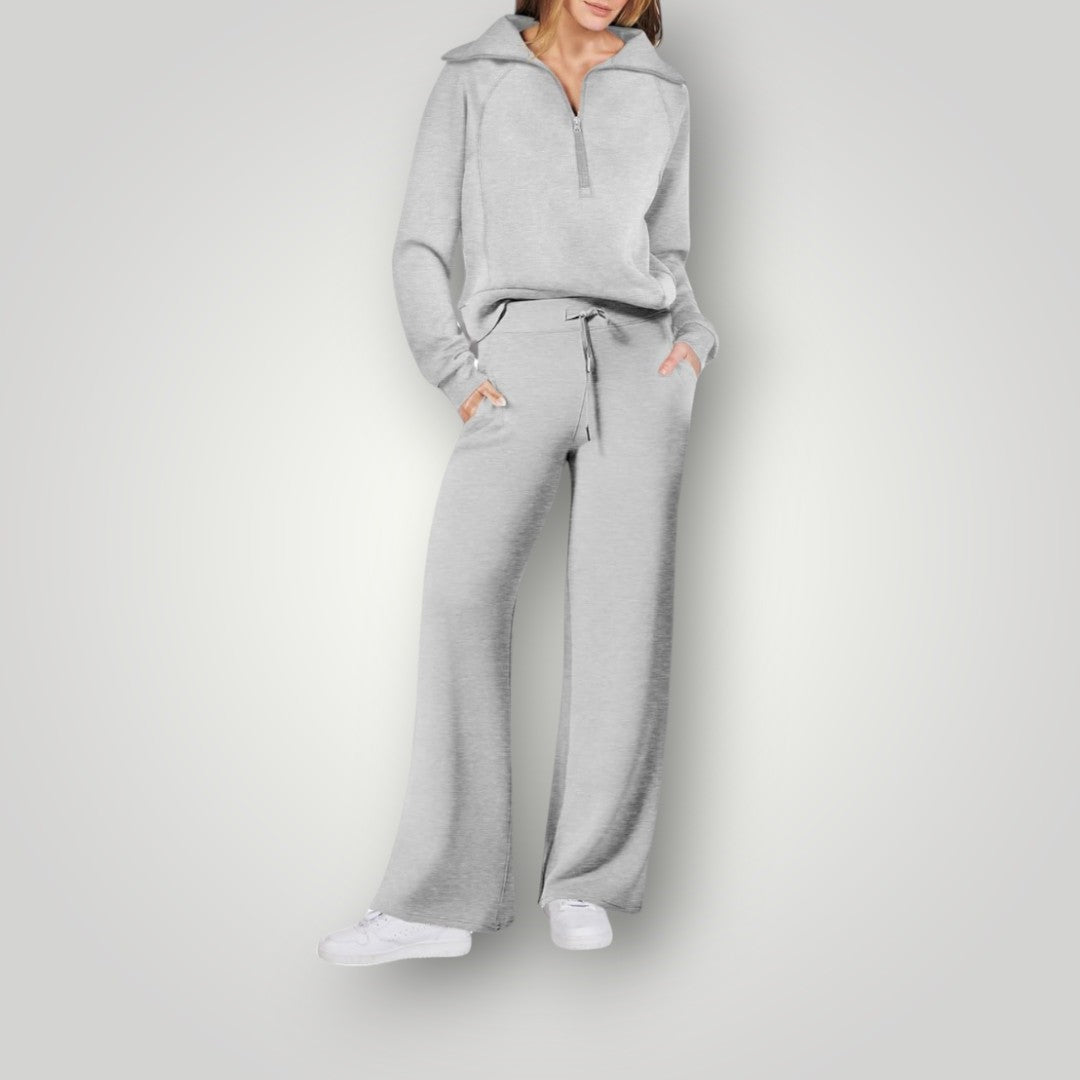 Damski komplet: bluza z zamkiem pod szyją i spodnie z szerokimi nogawkami-Sets for women-Olave