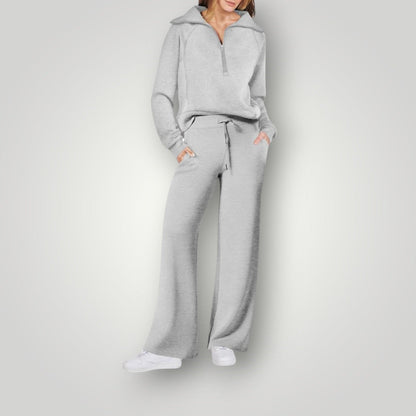 Damski komplet: bluza z zamkiem pod szyją i spodnie z szerokimi nogawkami-Sets for women-Olave
