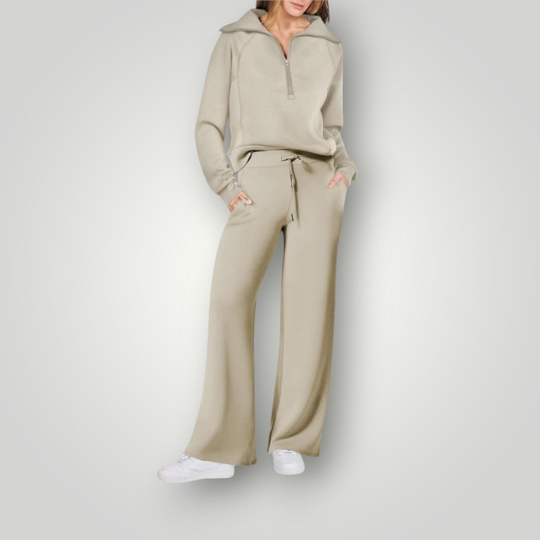 Damski komplet: bluza z zamkiem pod szyją i spodnie z szerokimi nogawkami-Sets for women-Olave