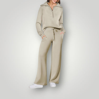 Damski komplet: bluza z zamkiem pod szyją i spodnie z szerokimi nogawkami-Sets for women-Olave