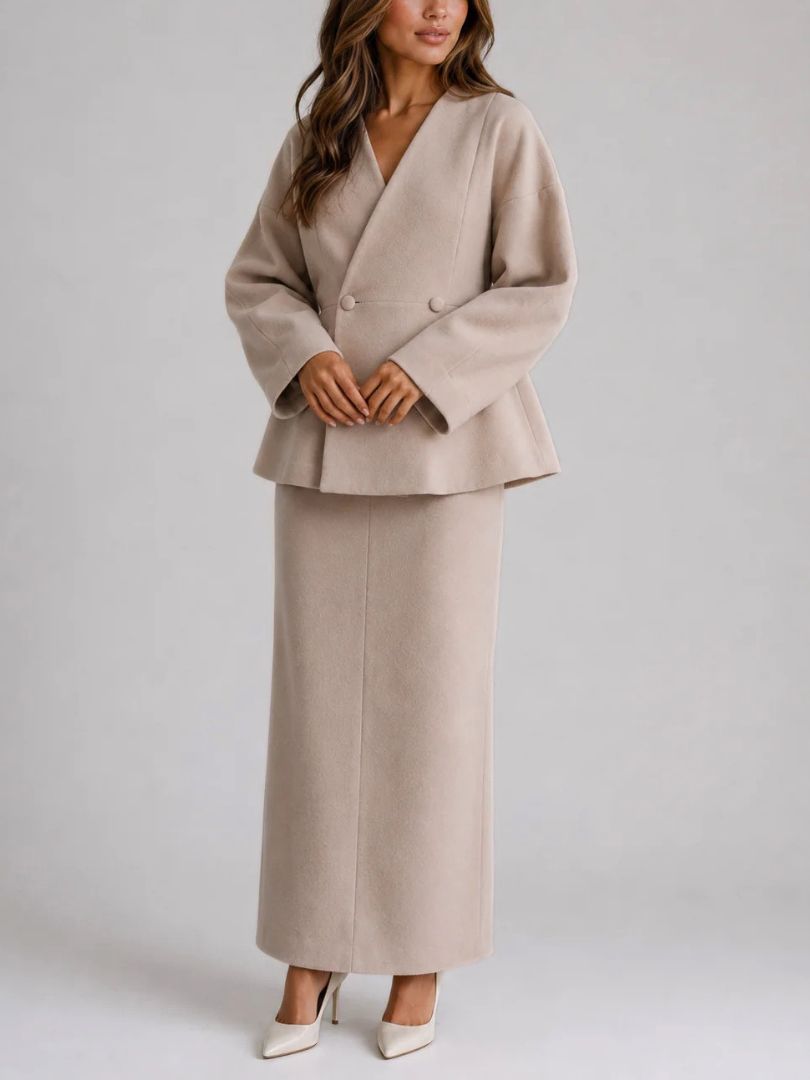 Damski komplet: żakiet z baskinką i spódnica maxi-Sets for women-Olave