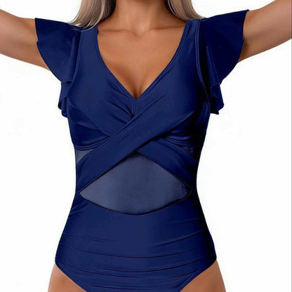 Damski strój kąpielowy jednoczęściowy z falbankami przy rękawach-Swimwear for Women-Olave
