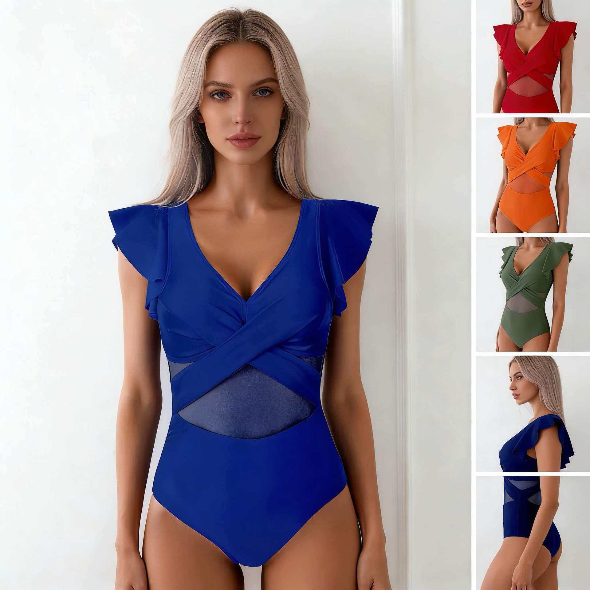 Damski strój kąpielowy jednoczęściowy z falbankami przy rękawach-Swimwear for Women-Olave